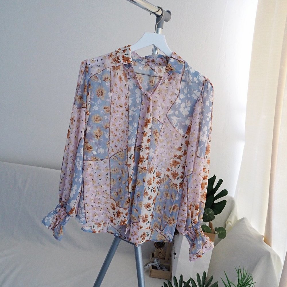 Mixed patchwork ditsy floral print tie neck blouse - Picture 2 of 8